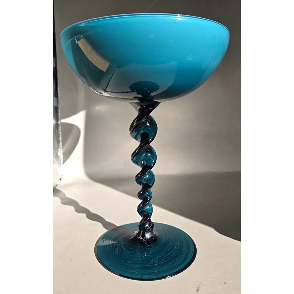 Vintage Empoli Italian Glass Compote turquoise/teal Hand Blown 1960's B#38